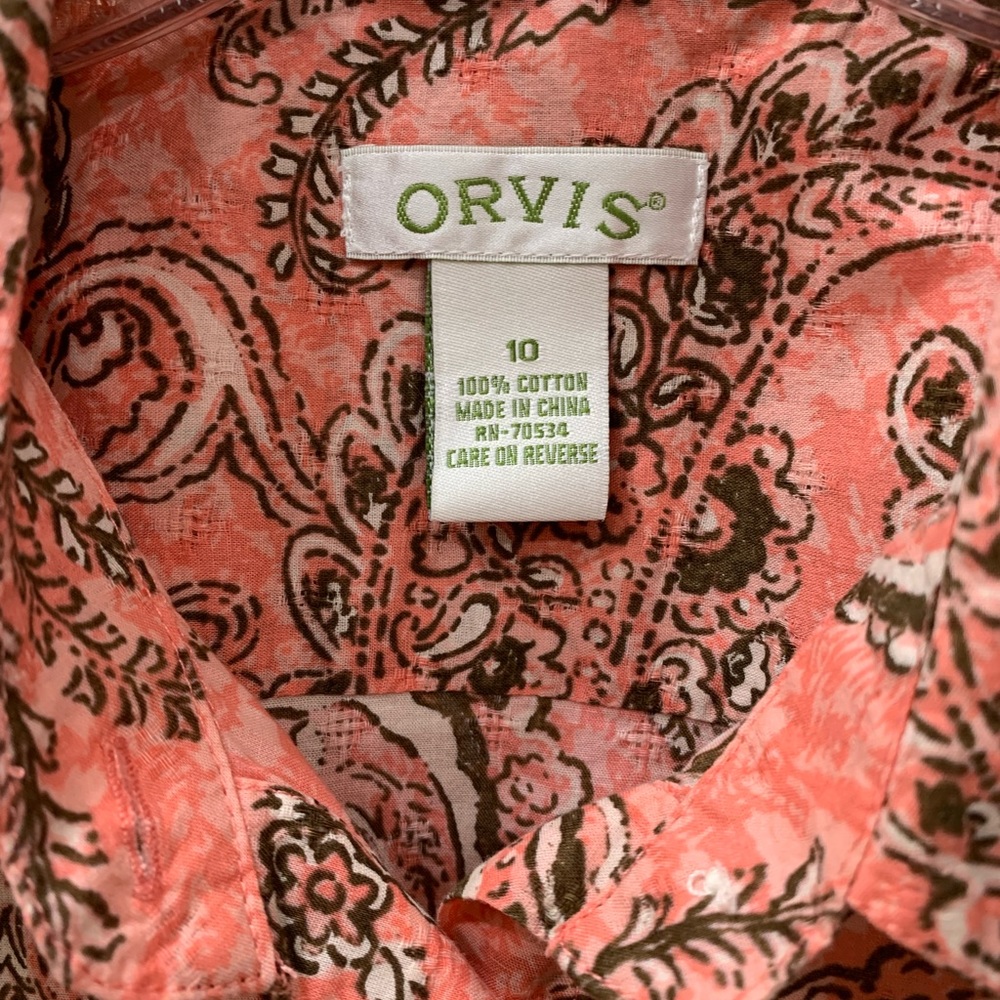 Orvis Peach and Brown Paisley Print Cotton Blouse, 10, EUC - Picture 4 of 4